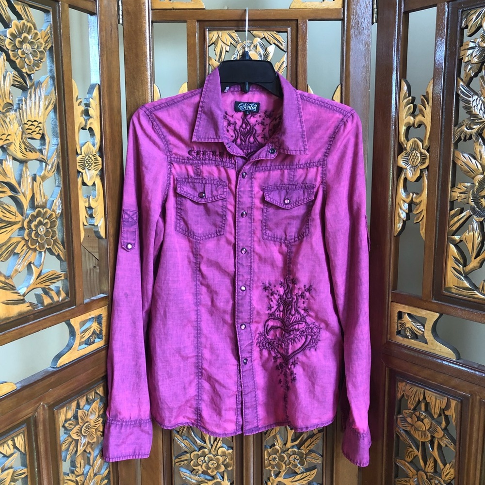 Sinful Embroidered Button Down Top